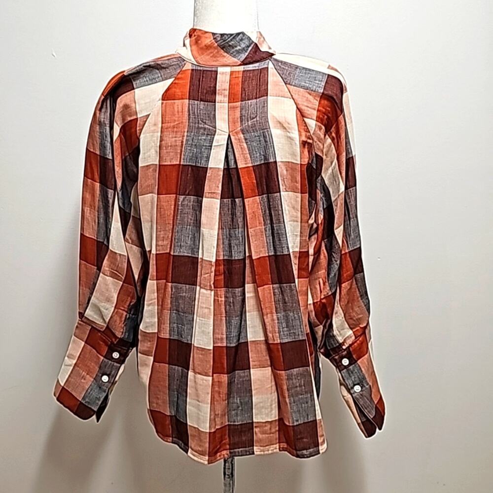 Joie Top Cider Orange Dia Plaid Button Front Long Puffy Sleeve Woman Size M - Picture 6 of 12